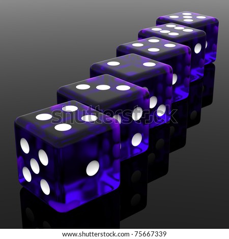 3D violet rolling dice on black background