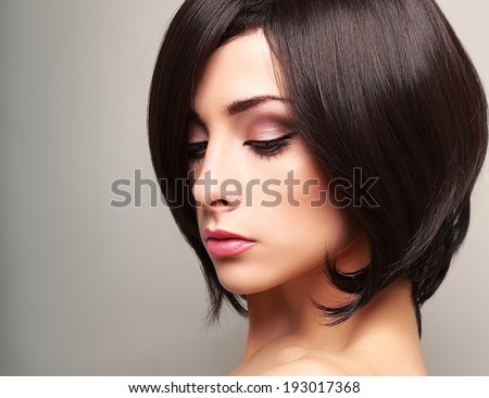 Beautiful bright makeup woman profile with black short hair