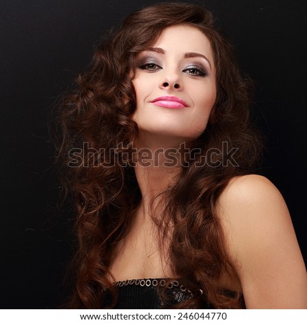 Happy makeup woman with bright makeup and long brown hair. Closeup portrait