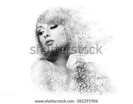Fashion makeup woman with pixeled dispersion effect. Art closeup portrait isolated on white background. Black and white