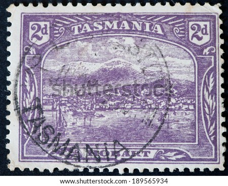 AUSTRALIA - CIRCA 1911:A Cancelled postage stamp from Colony of Tasmania illustrating city of Hobart, issued in 1911