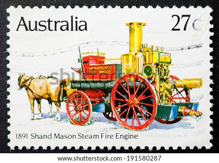 AUSTRALIA - CIRCA 1983:A Cancelled postage stamp from Australia illustrating Historic Fire Engines, issued in 1983.