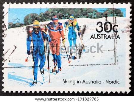 AUSTRALIA - CIRCA 1984:A Cancelled postage stamp from Australia illustrating Skiiing in Australia , issued in 1984.