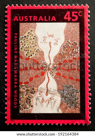 AUSTRALIA - CIRCA :A Cancelled postage stamp from Australia illustrating Aboriginal Art, issued in 1993.