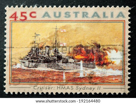 AUSTRALIA - CIRCA 1993:A Cancelled postage stamp from Australia illustrating Naval and Maritime War Vessels, issued in 1993.