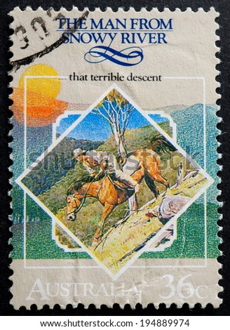AUSTRALIA - CIRCA 1987:A Cancelled postage stamp from Australia illustrating The Man From Snowy River, issued in 1987.