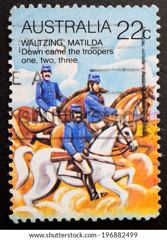 AUSTRALIA - CIRCA 1980:A Cancelled postage stamp from Australia illustrating Waltzing Matilda Australian Folklore, issued in 1980.