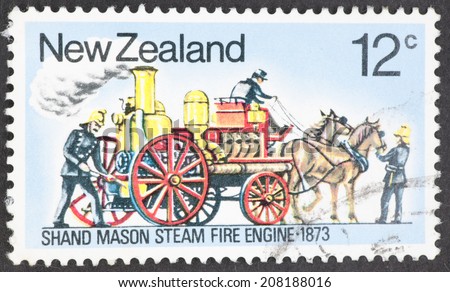 NEW ZEALAND - CIRCA 1977: A Cancelled postage stamp from New Zealand illustrating vintage firefighting transport, issued in 1977.