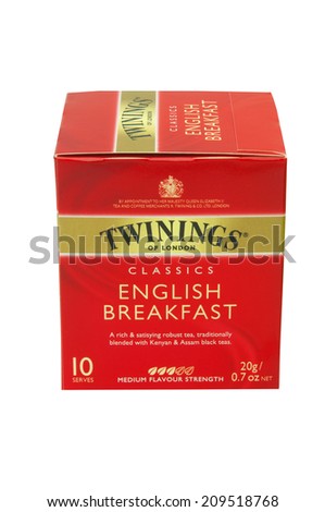 ADELAIDE, AUSTRALIA - February 26 2013:A studio shot of a box of Twinings English Breakfast Tea. An English marketer of tea,it holds the world\'s oldest continually used company logo.