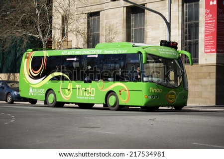 Adelaide, Australia - August 22, 2011: Tindo the world\'s first solar-powered electric bus that is recharged using 100% solar energy, owned and operated by the Adelaide City Council.