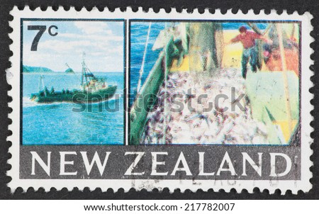 NEW ZEALAND - CIRCA 1968: A Cancelled postage stamp from New Zealand illustrating Trade Industries, issued in 1968.