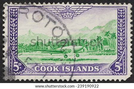 COOK ISLANDS - CIRCA 1900\'s: A Cancelled postage stamp from Cook Islands illustrating Rarotonga Aerodrome.