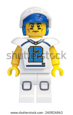 ADELAIDE, AUSTRALIA - March 13 2015:A studio shot of a Football Player Lego minifigure from Minifigure Series 8. Lego is extremely popular worldwide with children and collectors.