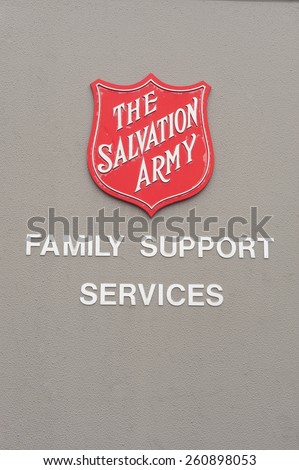 ADELAIDE, AUSTRALIA - March 15 2015: The Salvation Army Logo at one of its family support centres. The salvation army is an organisation providing services to disadvantged people in the community.