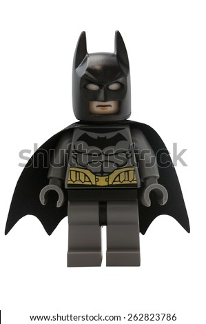 ADELAIDE, AUSTRALIA - January 09 2015:A studio shot of a Batman Lego minifigure from the DC comics and movies. Lego is extremely popular worldwide with children and collectors.