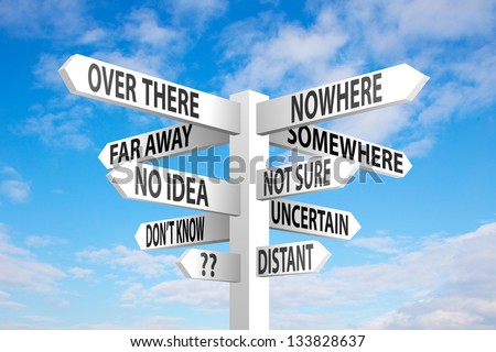 Uncertain direction sign post on blue sky background