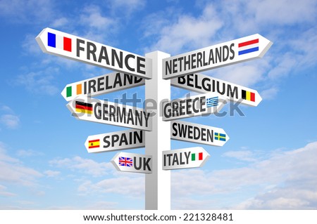 Europe destinations and flags signpost against blue sky