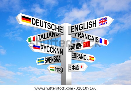 Multilingual languages and flags sign post against blue sky