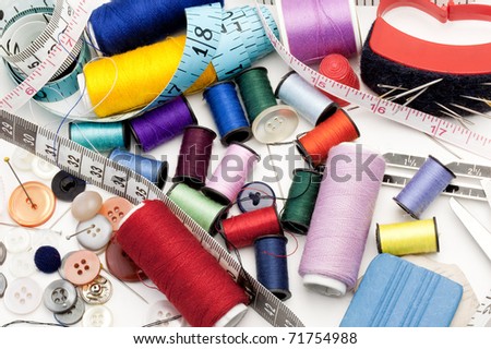 Tailor\'s Tools - Colorful Threads, Needle, Measuring Tape, Buttons