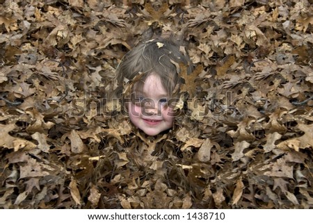 a little girl in a leaf pile