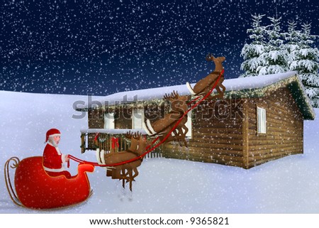 Santa flying through a snow storm over a log cabin