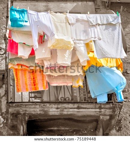 Washed cloths on the terrace in south Italy