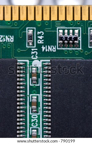 Macro shot of ram chip and circuitry on a home computer or PC