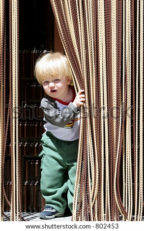 Child or young boy with blond or blonde hair and blue eyes looking out from behind curtain with a cheeky look on his face. Boisterous and devilish