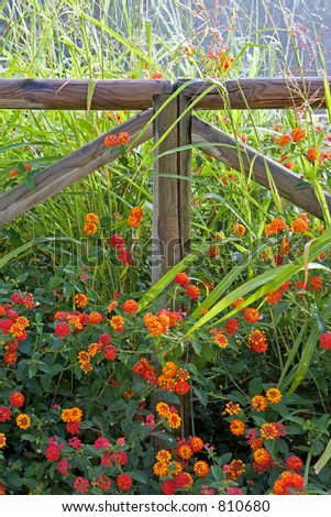 Wooden fence surrounded by colorful flowers with water sprinkler in the background