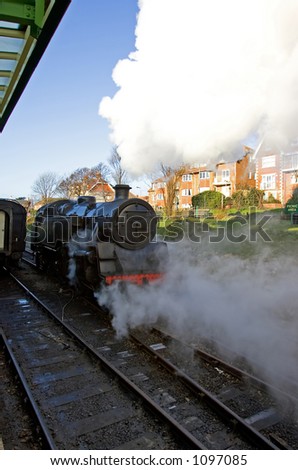 Engine of old steam train at Swanage station near Corfe Castle in Wareham, Dorset