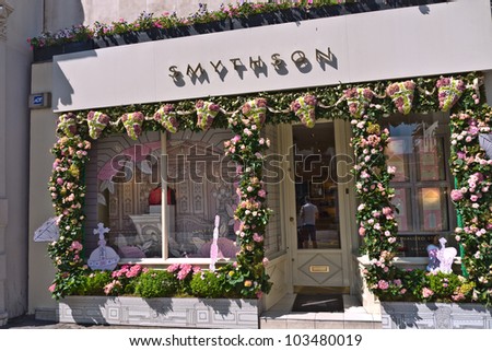 LONDON, UK-MAY 25: Smythson stationers a historic company with four Royal warrants, is decorated in flowers Chelsea in Bloom, which runs alongside the Chelsea Flower Show. May 25, 2012 in London UK.