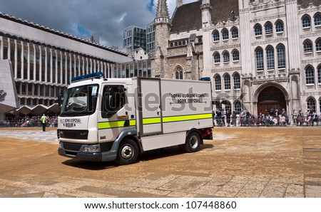 LONDON, UK-JULY 11: A Leyland DAF, RLC Bomb Disposal Vehicle parades in front of dignitaries and visitors, in the annual Cart Marking Ceremony. July 11, 2012 in London UK.