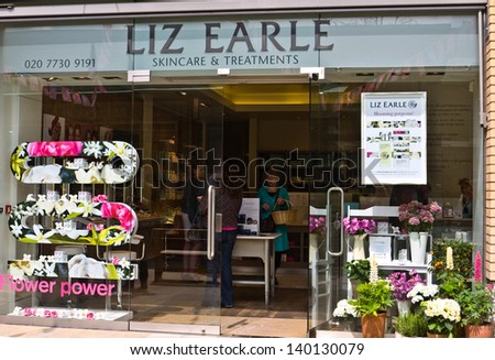 LONDON, UK-MAY 26: Skin care and make up guru, Liz Earle\'s store decorated for the Chelsea Fringe, celebrating 100 years of the Chelsea Flower Show. May 26, 2013 in London UK.