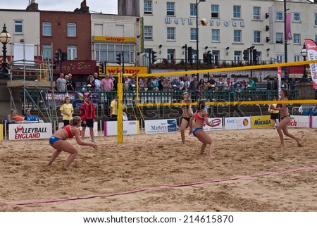 MARGATE,UK-AUGUST 16: Competitors play on Margate Main Sands for the finals of Volley Ball England Beach Tour. August 16, 2014 in Margate, UK.