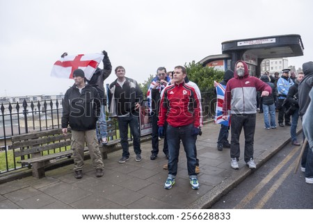MARGATE, UK-FEBRUARY 28: Right wing protestors, challenge the Anti UKIP demonstrators on the march to UKIP\'S conference at Margate\'s Winter Gardens. February 28, 2015 in Margate, Kent, UK.