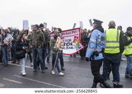MARGATE,UK-FEBRUARY 28: Anti UKIP and racism protesters, with banners, placards and music, march on UKIP'S conference in Margate's Winter Gardens. February 28, 2015 in Margate Kent, UK.