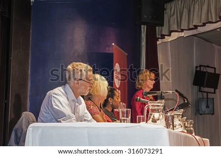MARGATE, UK-SEPTEMBER 5: Jeremy Corbyn, now Labour Party Leader, heads the panel at the rally in Margate\'s Winter Gardens. September 5, 2015, in Margate, Kent UK
