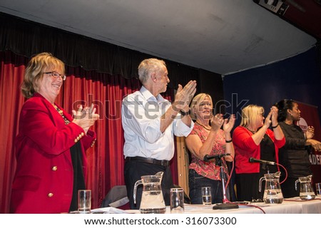 MARGATE, UK-SEPTEMBER 5: Jeremy Corbyn, now Labour Party Leader, applauds members of the rally in the Winter Gardens, Margate. September 5. 2015 in Margate, Kent UK.