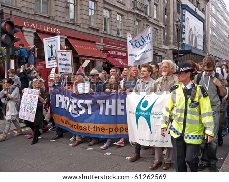 LONDON, UK - SEPTEMBER 18: Protesters March Against The Pope\'s Visit, Piccadilly, London, September, 18 2010