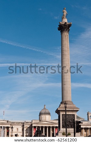 Nelson's Column, Trafalgar Square with the National Gallery in the Background. London UK.