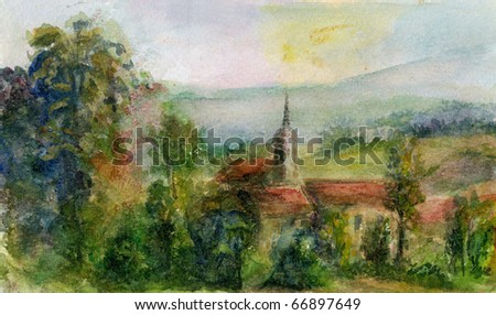 Original Painting, View of a Spanish Landscape with Red Tiled Buildings, a Church, Trees and Hills.