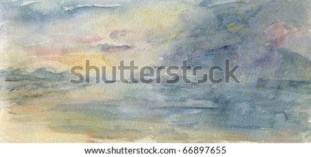 Original Abstract Watercolour Sketch of a Stormy Sky with Rain and Dark Clouds. There is a Low  Hanging Sun, Sea and Shoreline.