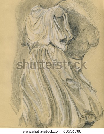 Original Drawing of the Body of a Classical, Antique Marble, Greek Statue of a Goddess. White and Black on Buff coloured Paper.