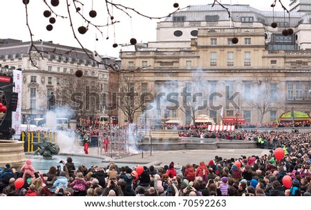 LONDON, UK-FEBRUARY 6: Fire Crackers are lit in Trafalgar Square at the start of the Chinese New Year celebrations. February 6, 2011 in London, UK.