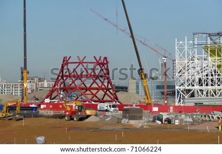 LONDON, UK-FEBRUARY 8: Construction of Anish Kapoor's Sculpture The Orbit Tower in the Olympic Park, which will house a gallery, cafe and viewing platforms. February 8, 2011 in London, UK.