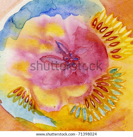 Abstract background with floral aspects. Original painting in bright colours of pink, yellow and blue.