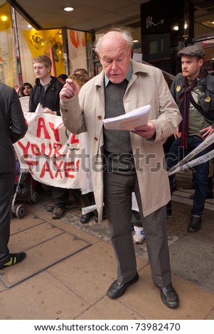 LONDON, UK- MARCH 26: actor Timothy West, reads a new play, The Banker and His Son, outside the BHS store in Oxford Street, during a day of action against the cuts. March 26, 2011 in London, UK.
