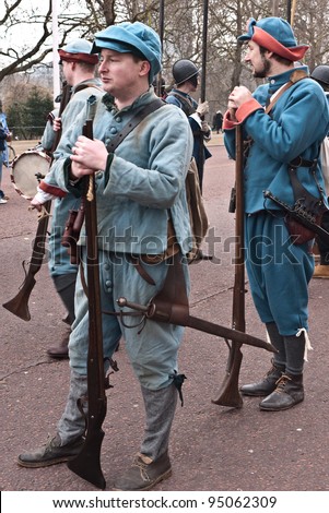 LONDON, UK-JANUARY 29: Unidentified musketeers of the English Civil War Society in historical costume, wait for the parade to commemorate the execution of King Charles I January 29, 2012 in London UK.