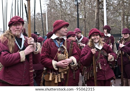 LONDON, UK-JANUARY 29: Unidentified members of the English Civil War Society in historical costume, wait for the parade to commemorate the execution of King Charles I January 29, 2012 in London UK.