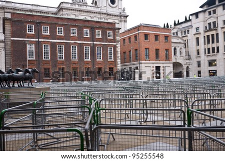 LONDON, UK-FEBRUARY 12: Barricades in Paternoster Square, home to the London Stock Exchange, as Occupy London appeal against their eviction outside St Paul\'s Cathedral. February 12, 2012 in London UK
